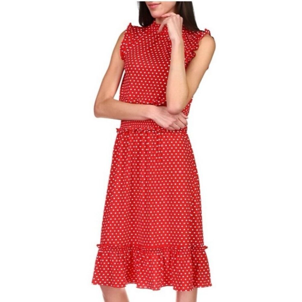 Michael Kors Red White Polka Dot Smocked Waist Midi Dress Size L New